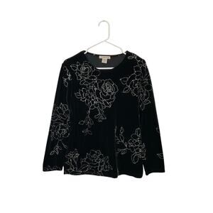 90s Style Black Velvet Floral Silver Top Allover Print Long Sleeve Small Stretch